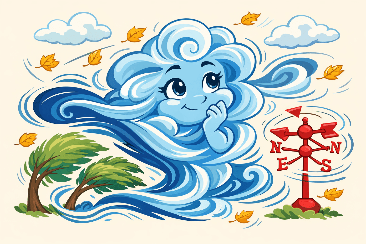 Cartoon wind personified as blue swirls with a thoughtful expression