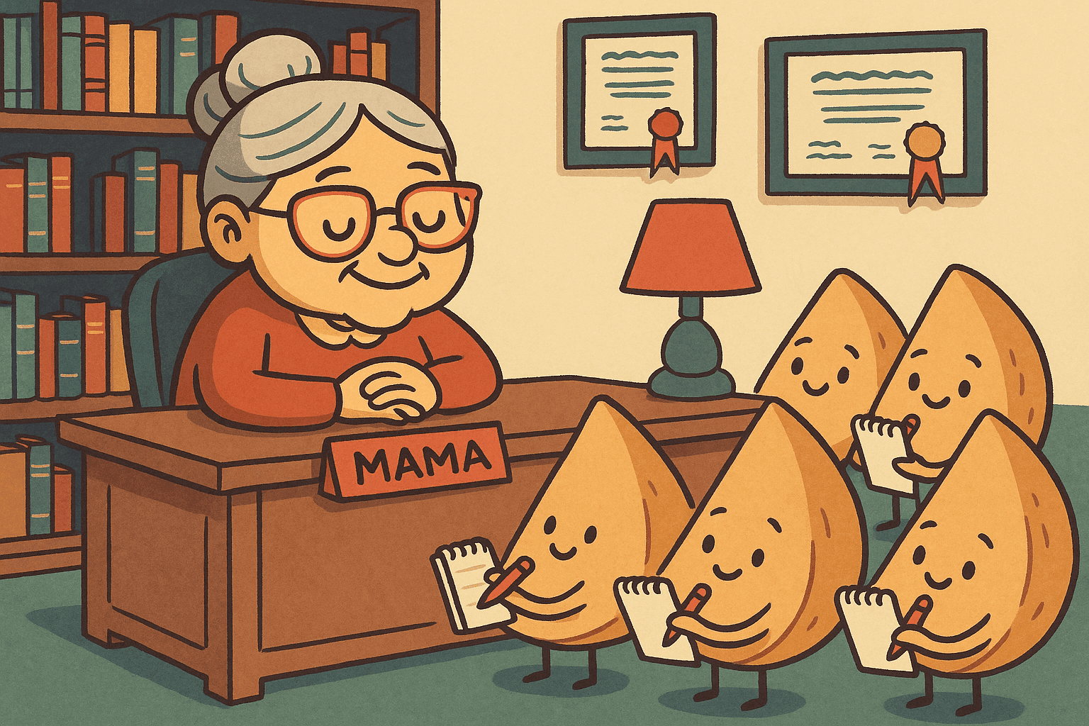 A cartoon mama character with glasses and a wise expression sitting at a desk, with anthropomorphic fortune cookies lined up asking for advice while taking notes, in a cozy study filled with books