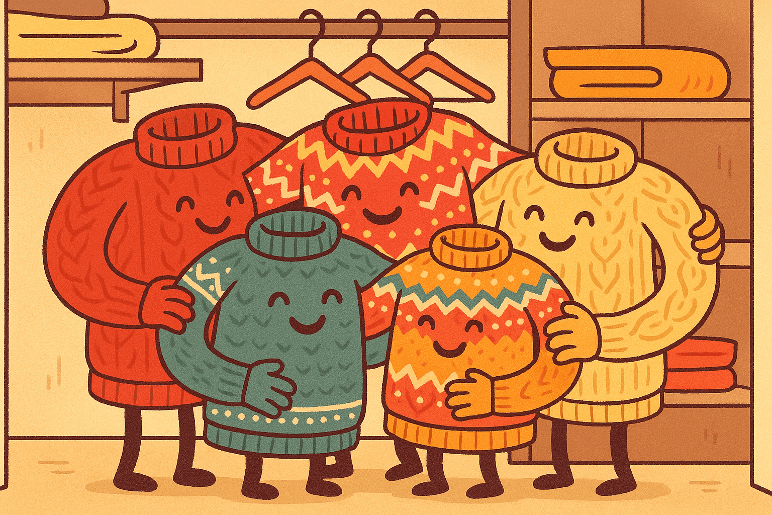 A humorous cartoon illustration of friendly sweaters with arms, legs, and happy faces huddled together in a group hug, showing their knitted patterns and cozy textures in a warm closet setting