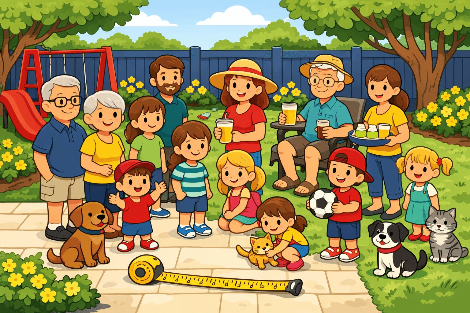 A cartoon yard with various people and animals standing in it