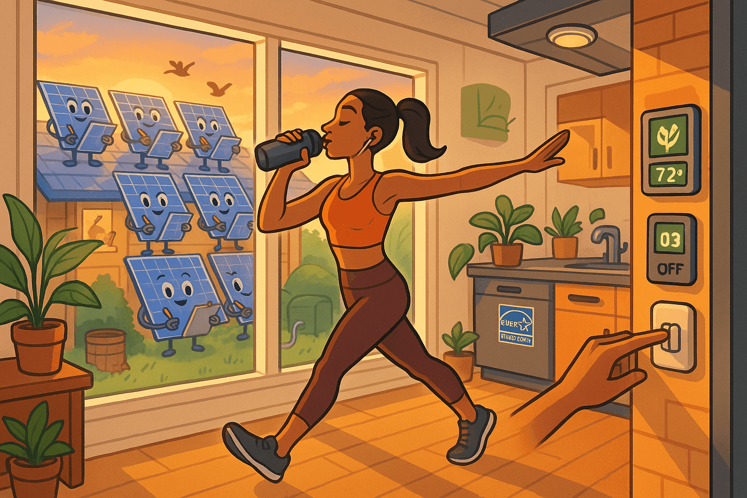 Cartoon illustration of an organized woman going through efficient morning routine, solar panels on house roof with faces watching and taking notes on clipboards, suburban home with eco-friendly features, sunrise scene with birds in cream, dark blue-gray, sage green, yellow, and bright red colors