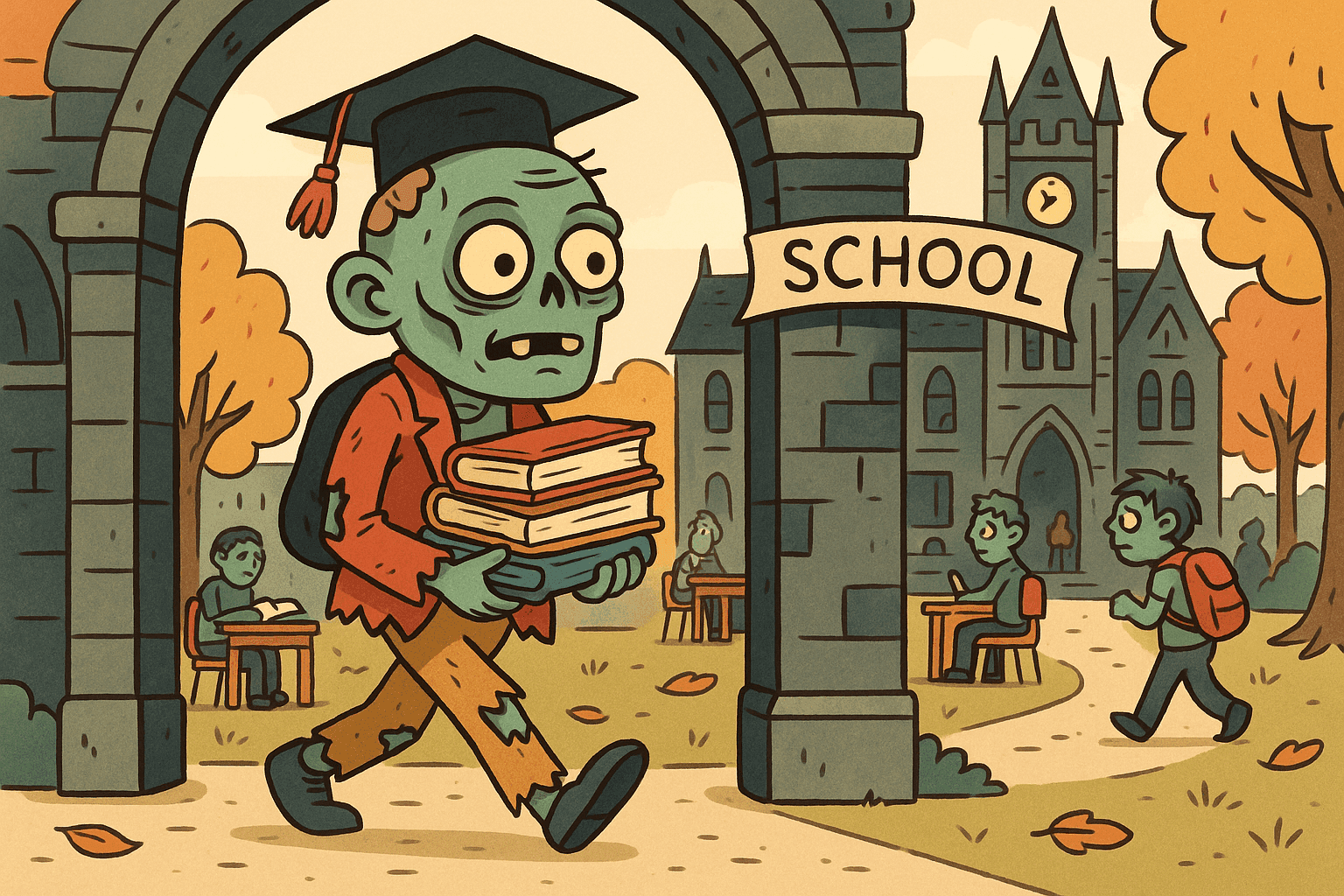 A cartoon zombie in student attire carrying textbooks and wearing a graduation cap, walking into a spooky school building while other zombie students shamble around the campus courtyard