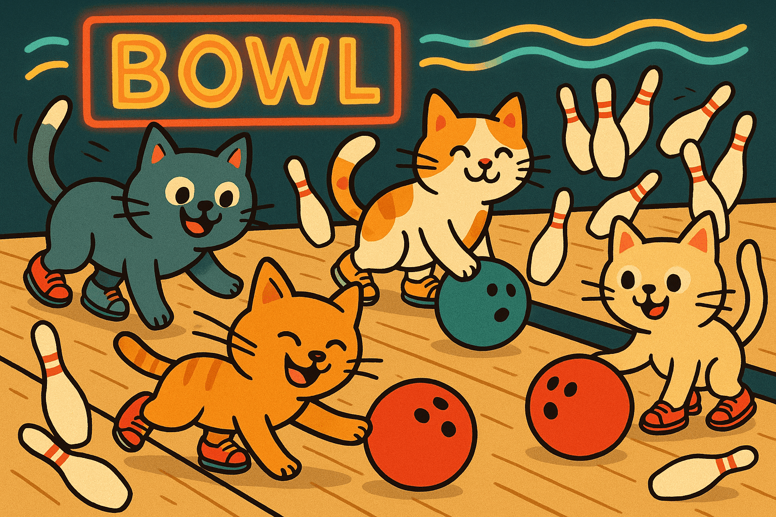 Cartoon illustration of several cute cats wearing tiny bowling shoes, rolling bowling balls down an alley with pins scattered around