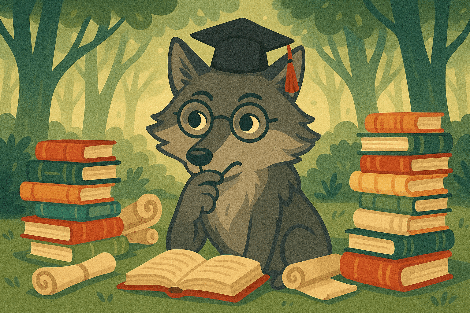 Cartoon illustration of a wise-looking wolf wearing glasses and a graduation cap, sitting thoughtfully with books and scrolls around it in a forest library setting
