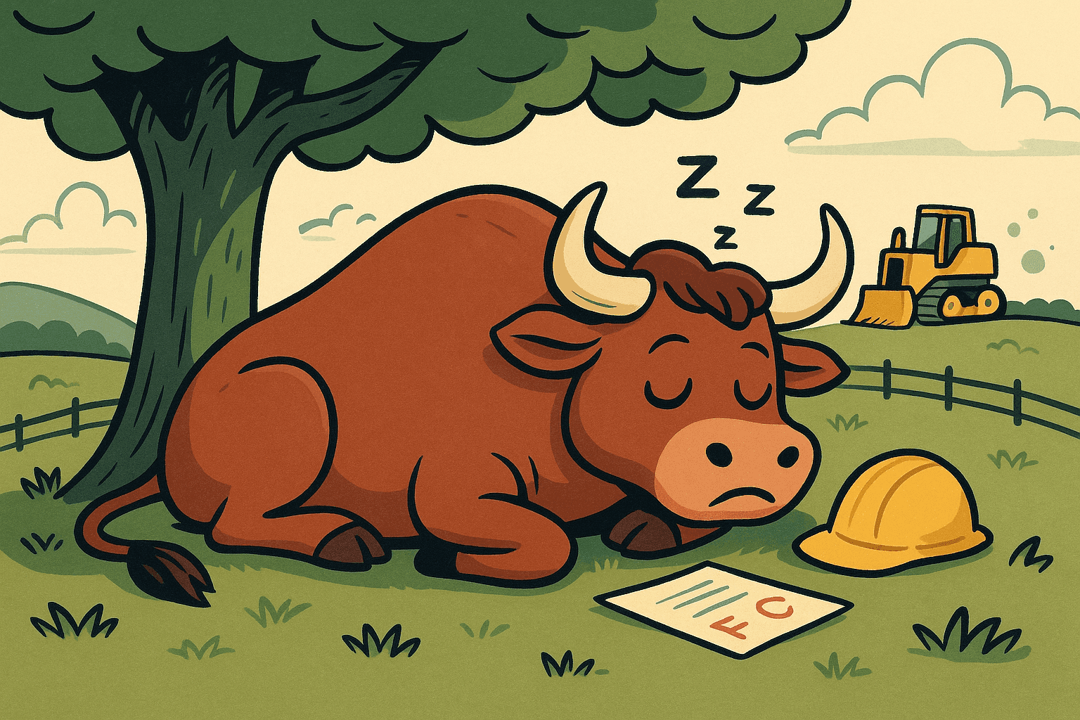 Cartoon illustration of a peaceful bull sleeping under a tree with a construction hat nearby, surrounded by farm scenery and construction equipment in the background