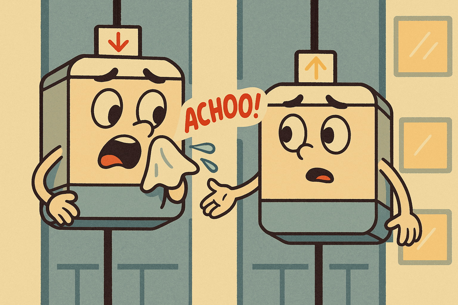 Cartoon illustration of two elevator cars with friendly faces having a conversation, one looking worried and the other concerned
