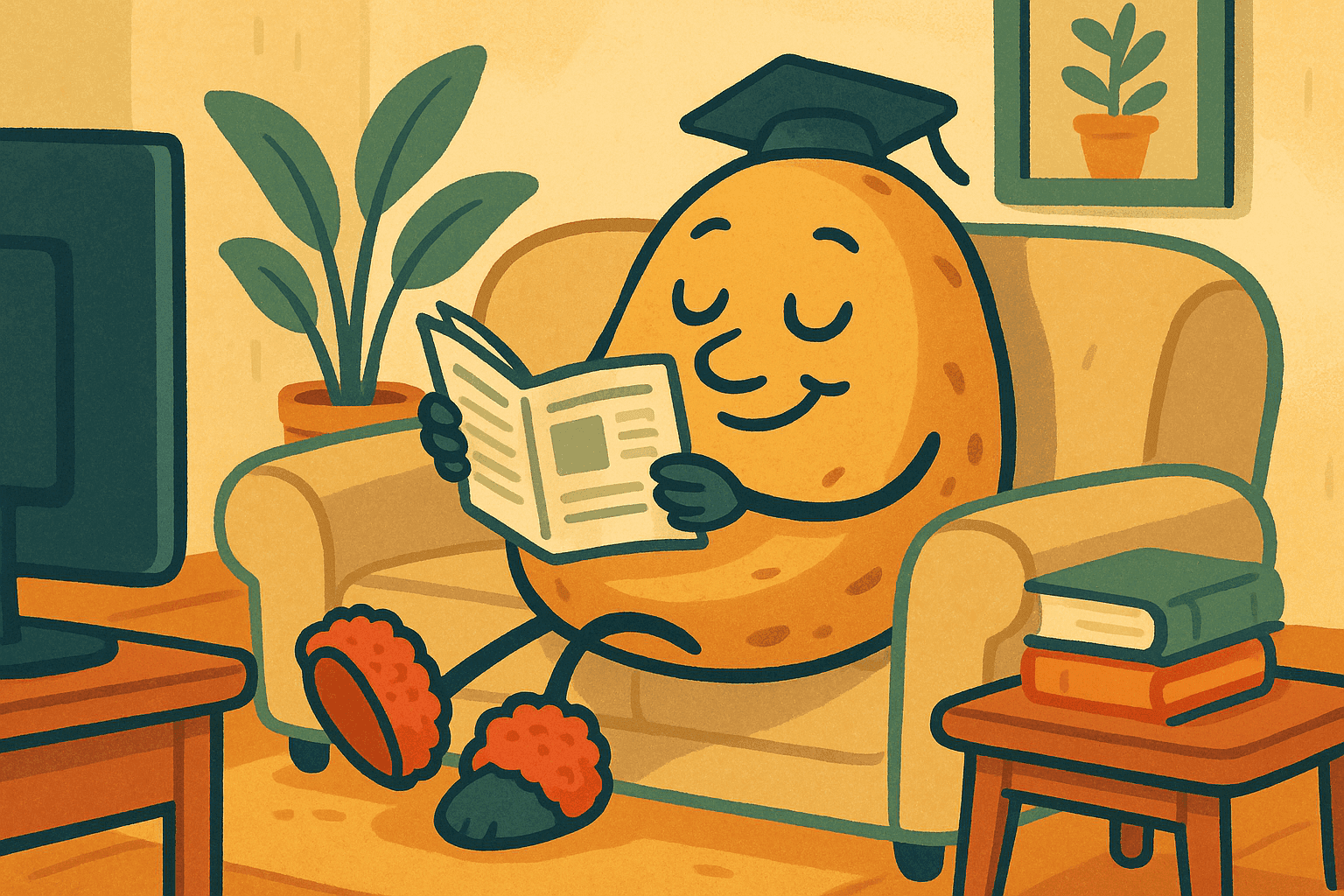 Cartoon illustration of a relaxed potato with a content smile lounging on a comfortable couch, wearing slippers and reading a newspaper in a cozy living room setting