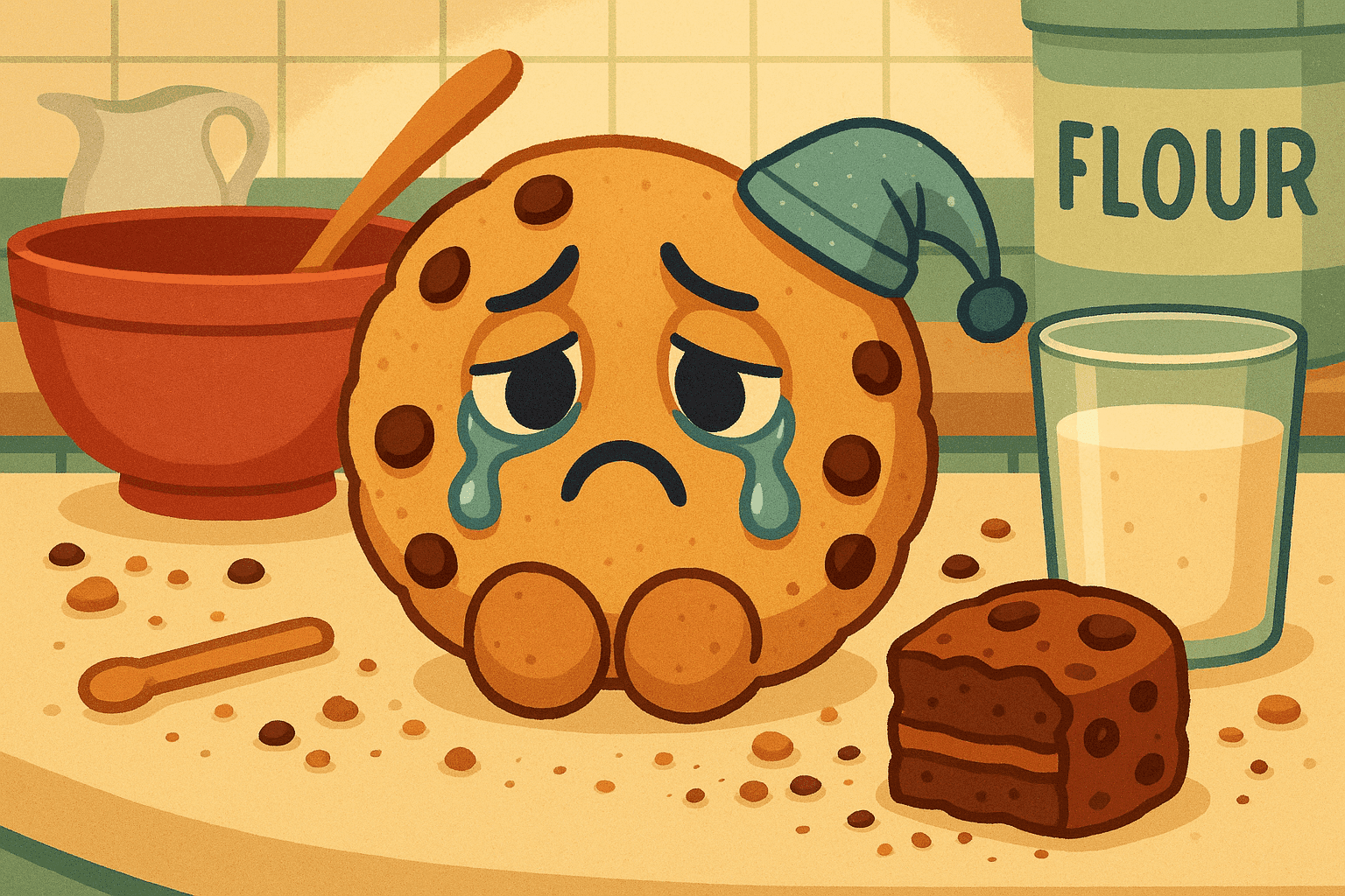 Cartoon illustration of a sad chocolate chip cookie with tears streaming down its face, sitting alone on a kitchen counter with crumbs scattered around it