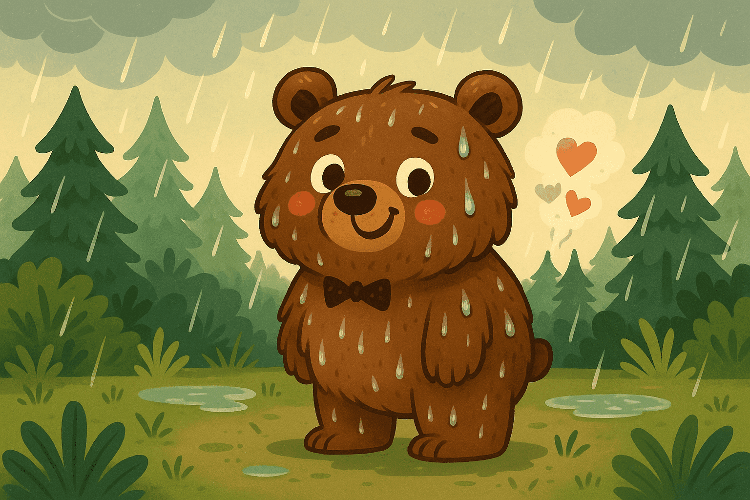 Cartoon illustration of a cute brown bear standing in gentle rain with water droplets on its fur, looking slightly soggy but cheerful in a forest setting