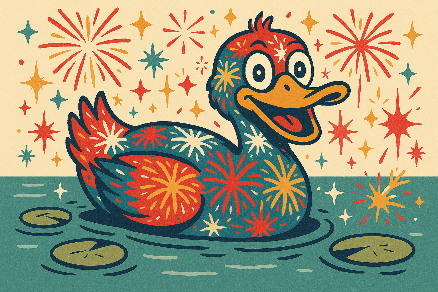 Cartoon illustration of a cheerful duck with colorful firework patterns on its feathers, surrounded by sparkles and festive celebration elements in a pond setting