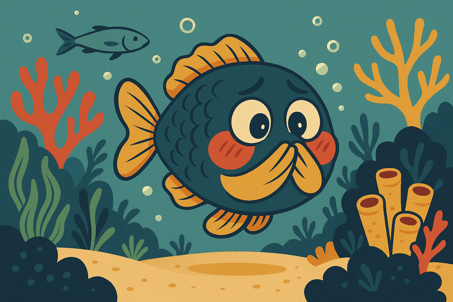 Cartoon illustration of a cute fish with rosy cheeks looking embarrassed and blushing, swimming above the sandy ocean floor with coral reefs and sea plants around it