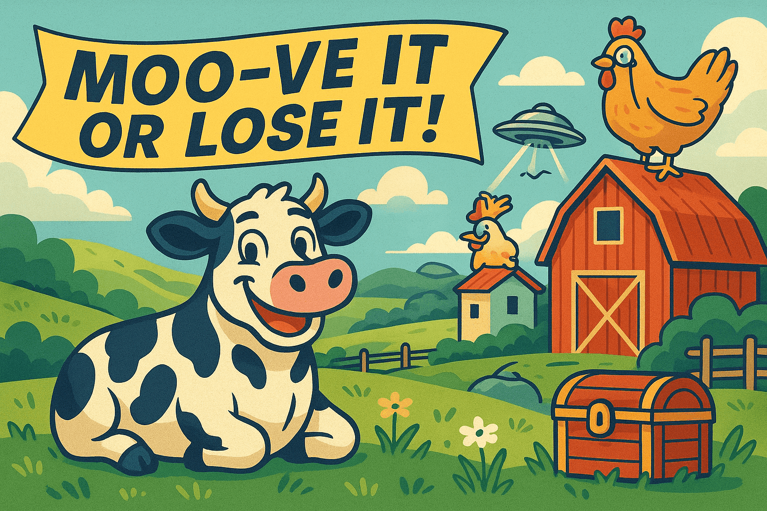 Cartoon illustration of a cheerful cow with a big smile sitting in a green pasture with a butcher shop sign in the background and meat packaging nearby