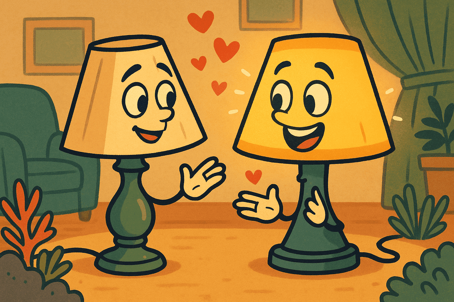 Cartoon illustration of two friendly lamps with anthropomorphic faces having a warm conversation, with one glowing brightly and heart symbols floating between them in a cozy room