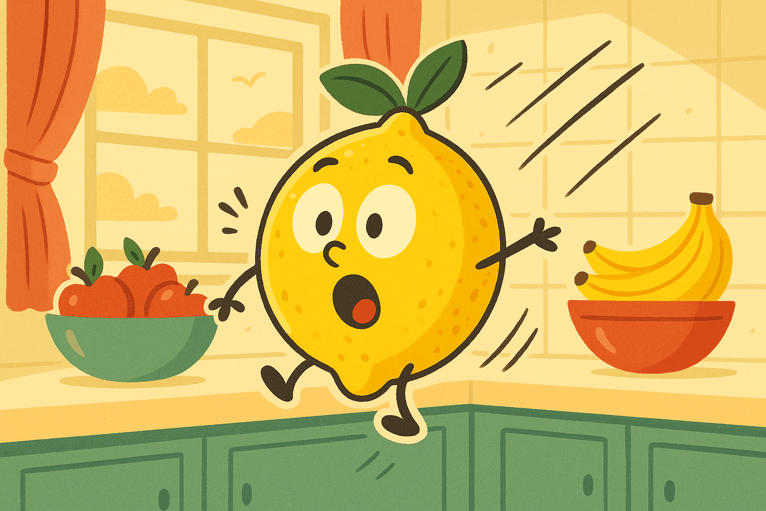 Cartoon illustration of a cheerful lemon with a surprised expression falling through the air with motion lines, set against a bright kitchen background