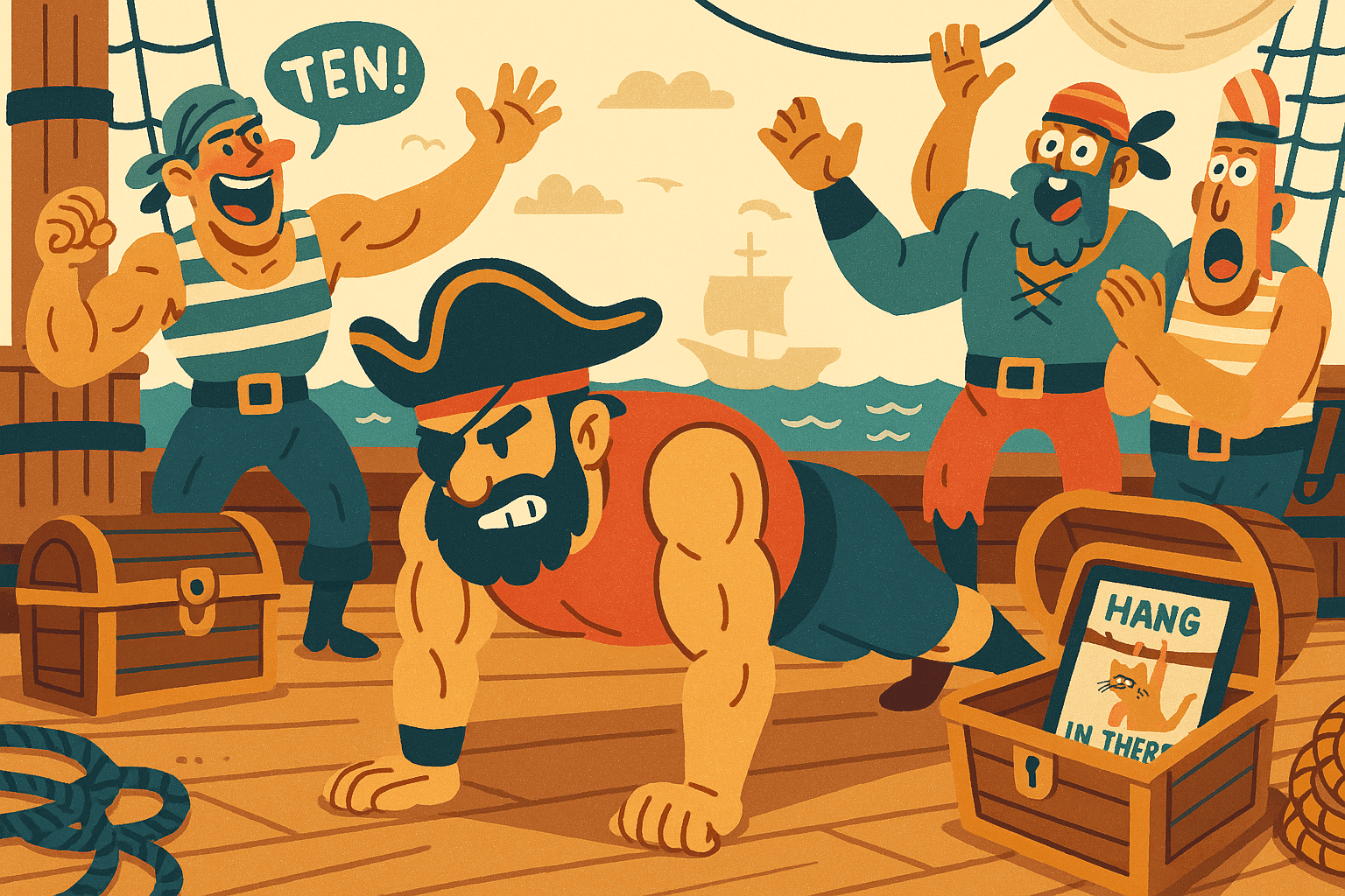 Cartoon illustration of a muscular pirate with an eye patch doing plank exercises on a wooden ship deck, with other pirates cheering him on and treasure chests nearby