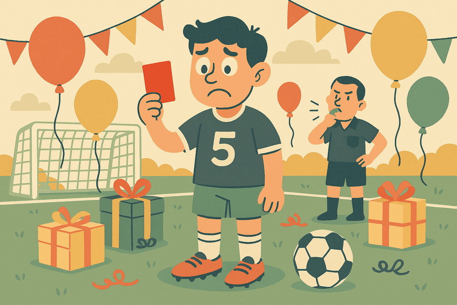 Cartoon illustration of a disappointed soccer player in uniform holding a red penalty card instead of birthday presents, with a soccer field and birthday decorations in the background