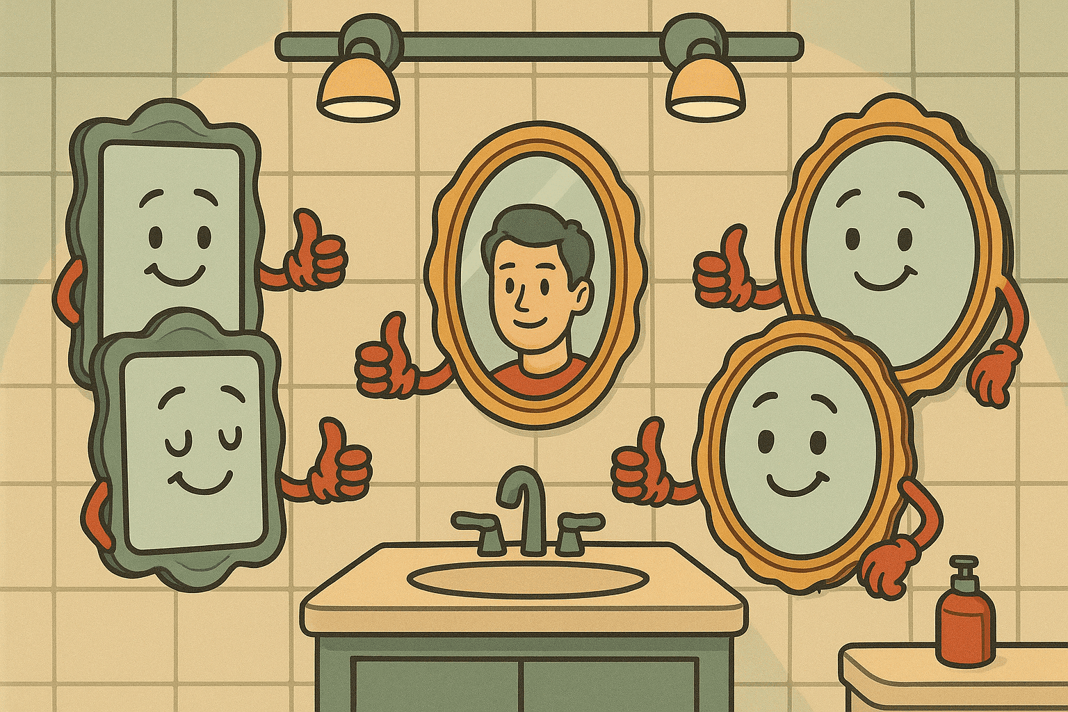 A humorous cartoon illustration of several mirrors with friendly faces and arms giving thumbs up, arranged in a bathroom setting with one mirror reflecting an honest but slightly embarrassing image