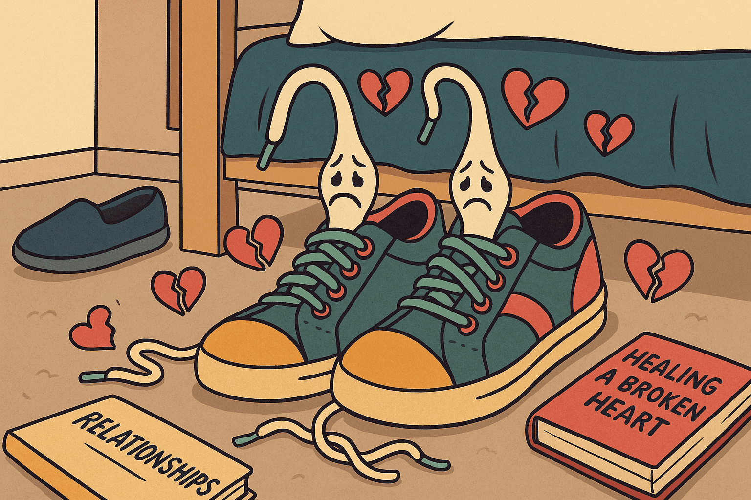 Cartoon illustration of two sad shoelaces with anthropomorphic faces looking upset, with broken heart symbols and untied knots scattered around a pair of sneakers