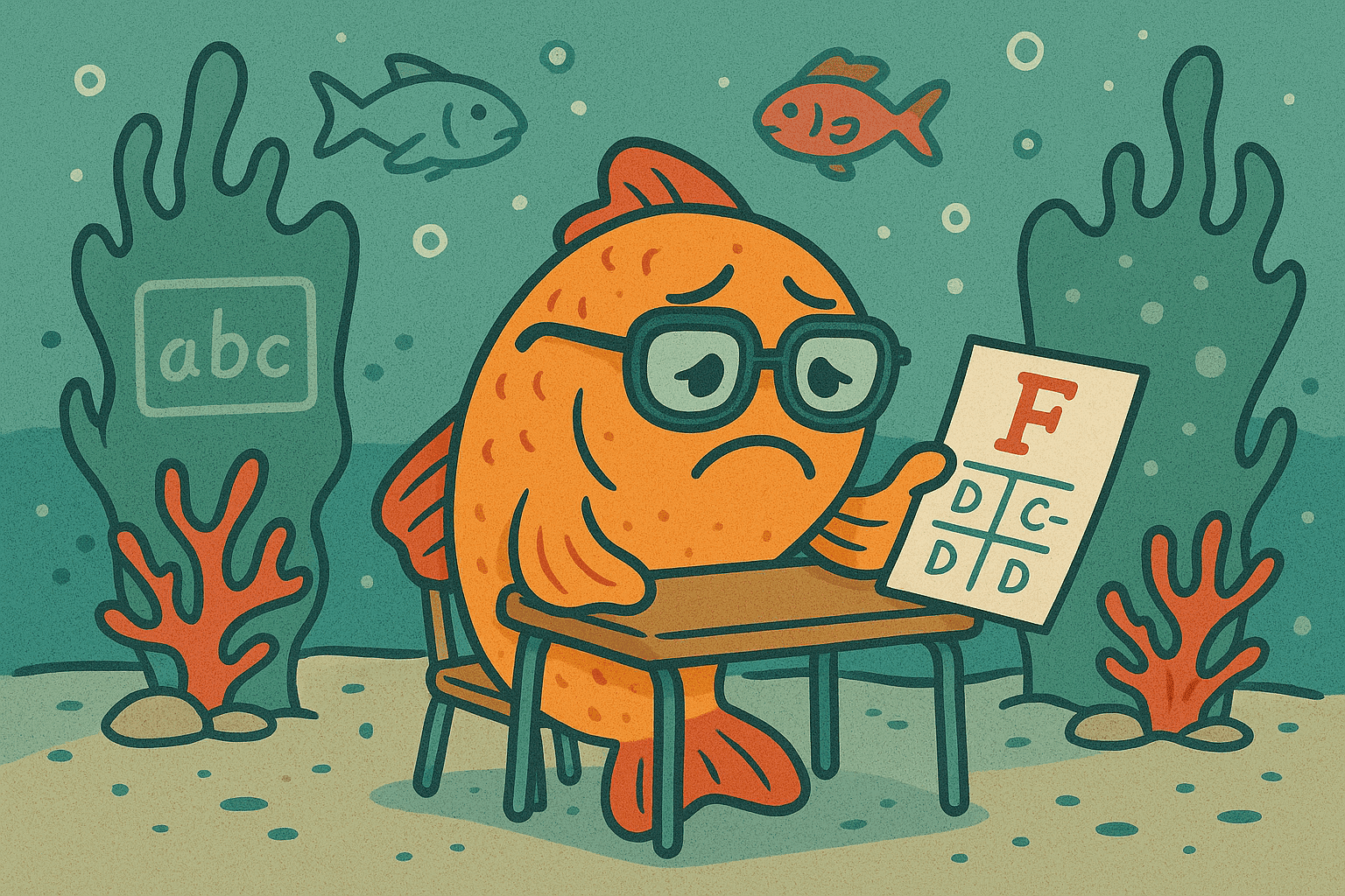 Cartoon illustration of a sad fish wearing glasses and holding a report card with poor grades, sitting at an underwater school desk
