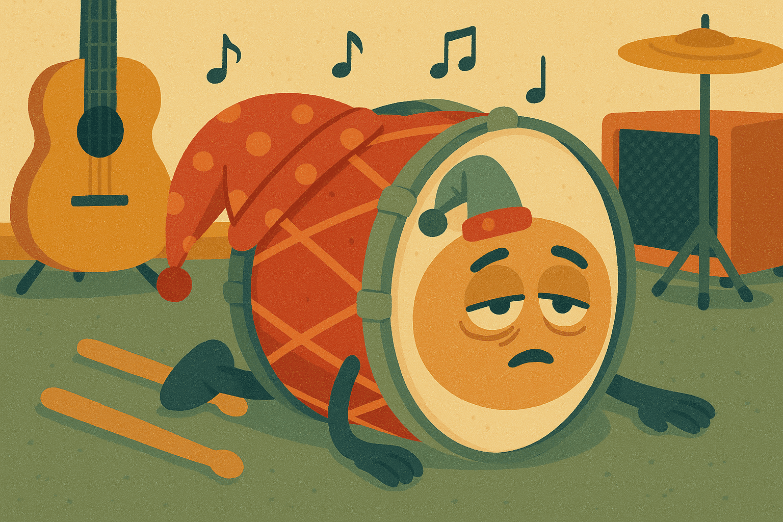 Cartoon illustration of a tired drum with droopy eyes and a sleepy expression, wearing a nightcap and lying down with drumsticks scattered around it in a cozy music room