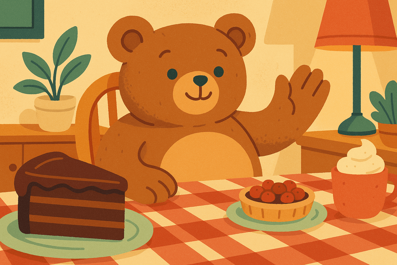 Cartoon illustration of a cute teddy bear with a very full, round belly sitting at a dinner table, politely refusing a slice of cake with a satisfied expression