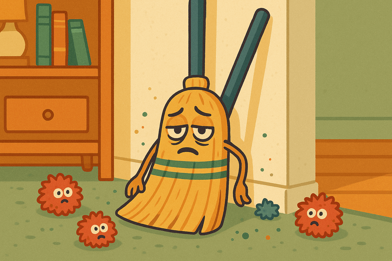 Cartoon illustration of an exhausted anthropomorphic broom with tired eyes, leaning against a wall with dust particles around it in a cozy home setting