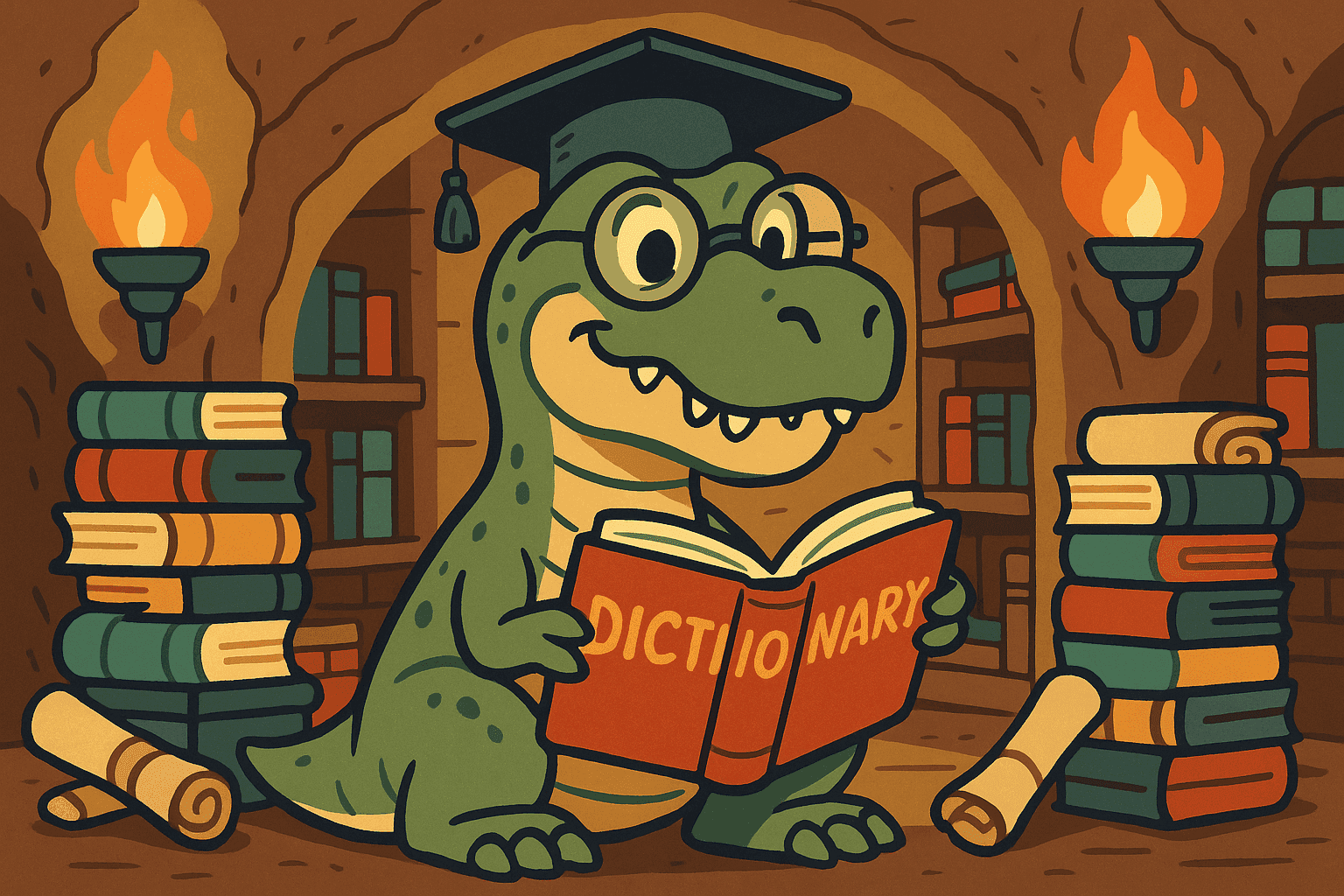Cartoon illustration of a scholarly dinosaur wearing glasses and reading a large dictionary book, surrounded by other books and scrolls in a prehistoric library setting