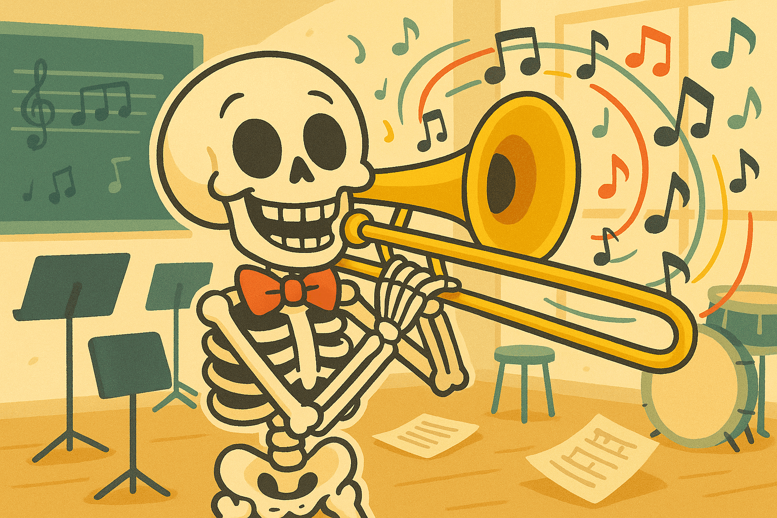 Cartoon illustration of a cheerful skeleton playing a trombone with musical notes floating around in a colorful band room setting