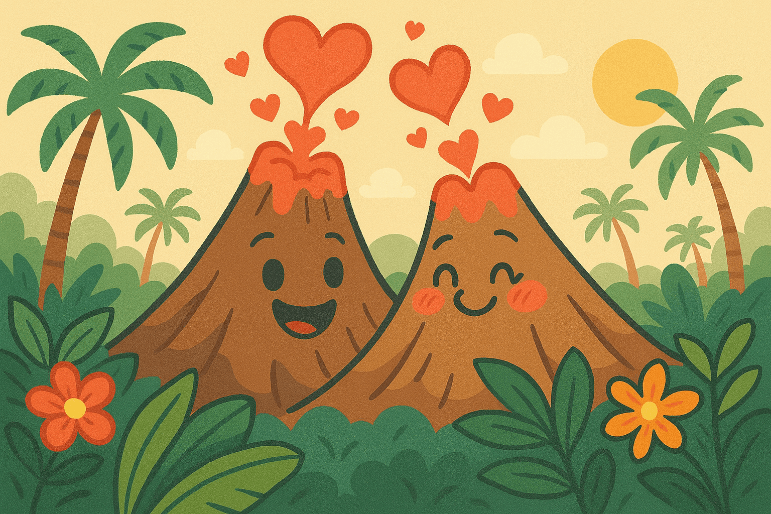 Cartoon illustration of two adorable volcanoes with heart-shaped smoke clouds, one blushing while expressing love to the other in a tropical landscape